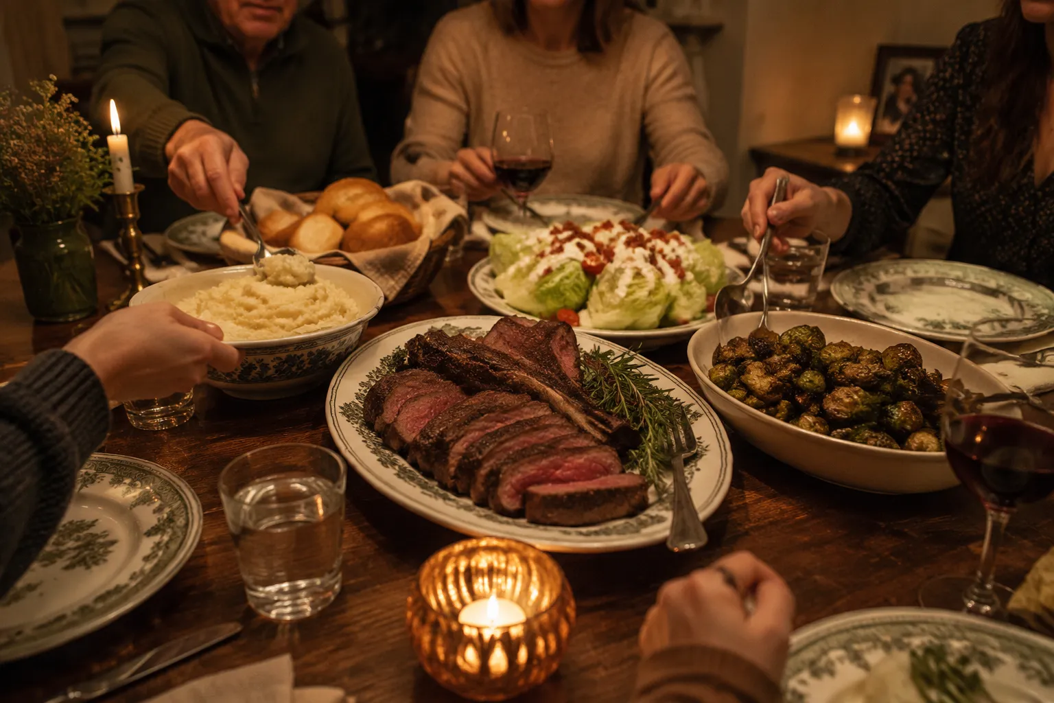 Family-style dinner with beef steak and assorted side dishes on the table