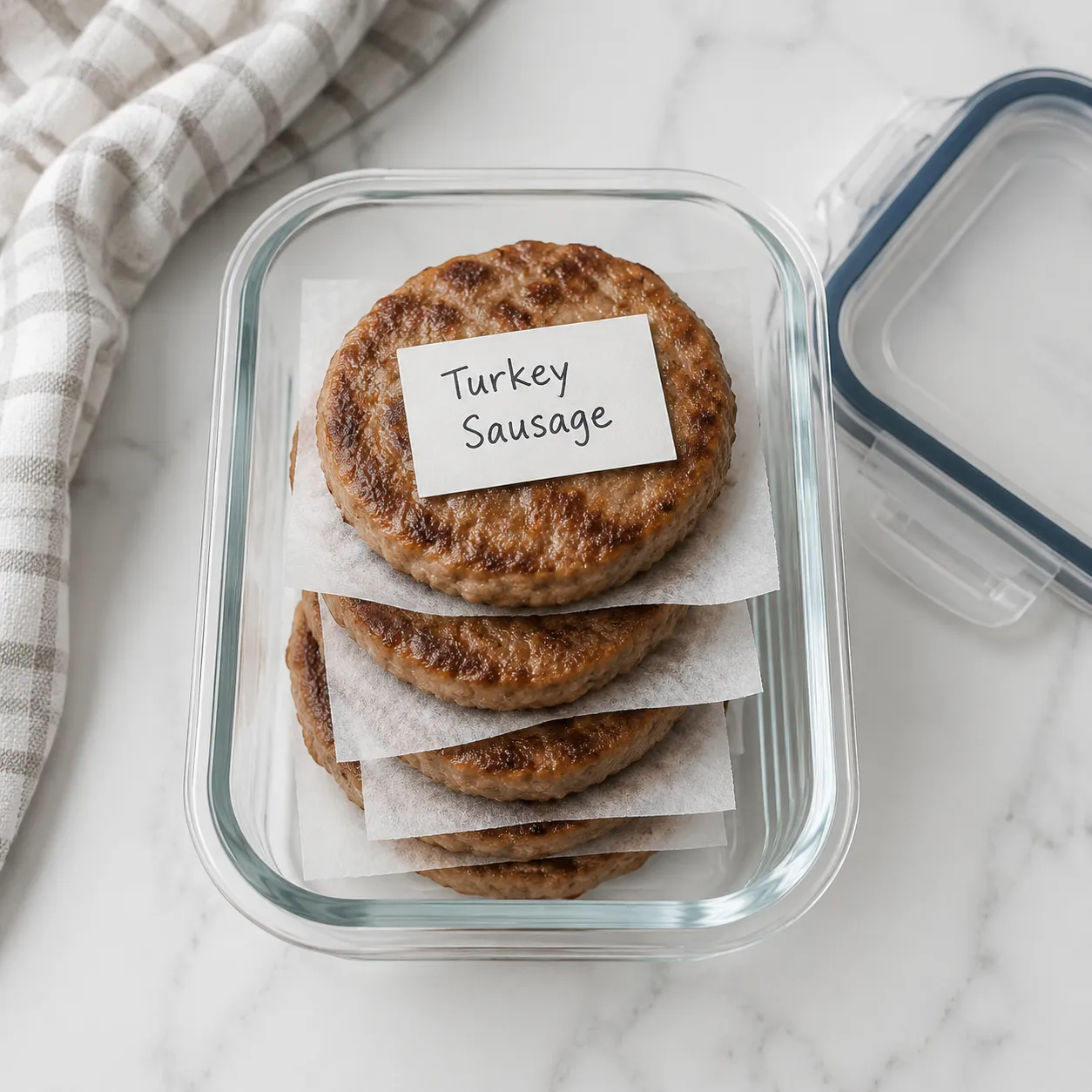 Freezer meal-prep container of homemade turkey sausage patties