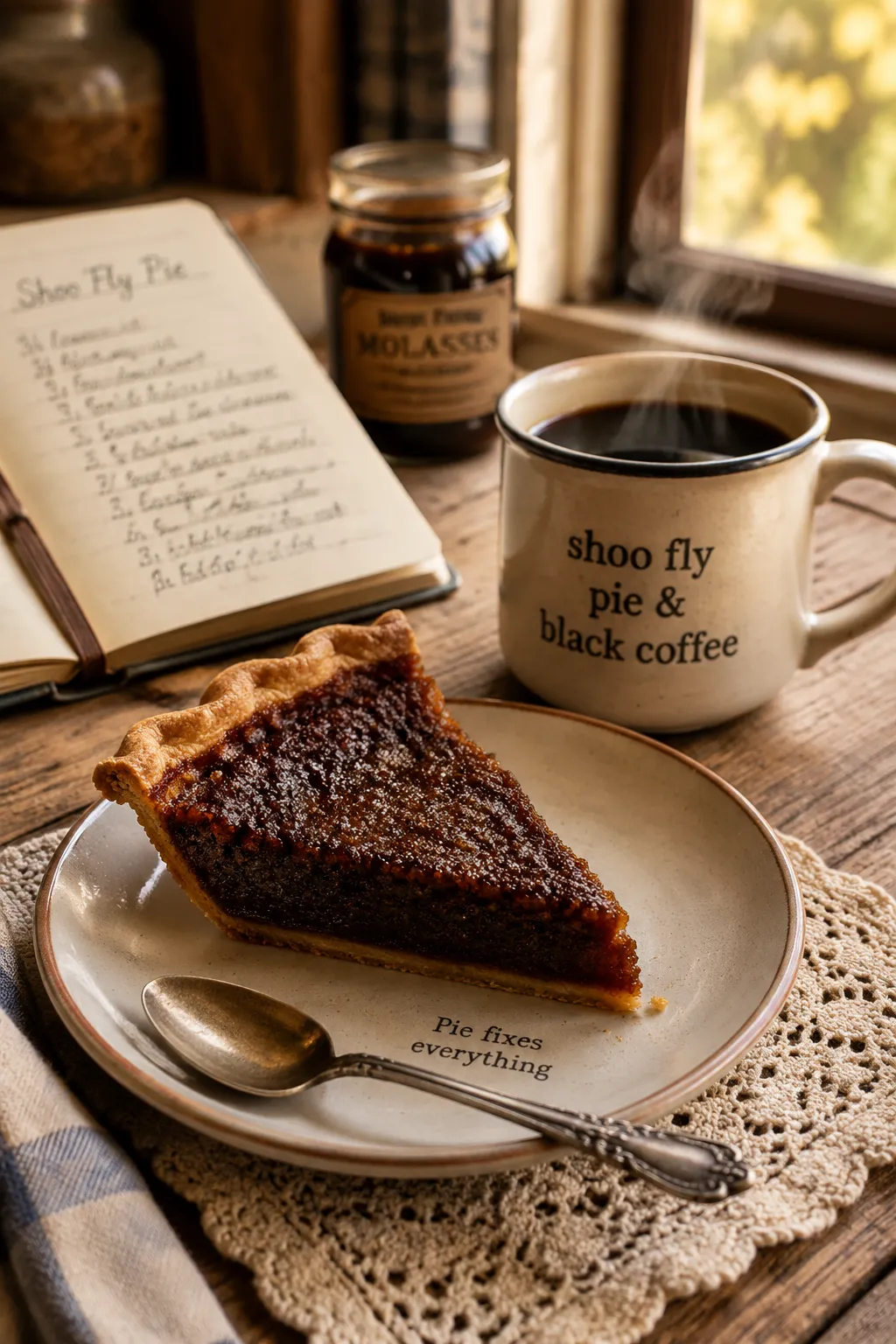 Shoo fly pie served with hot coffee for breakfast