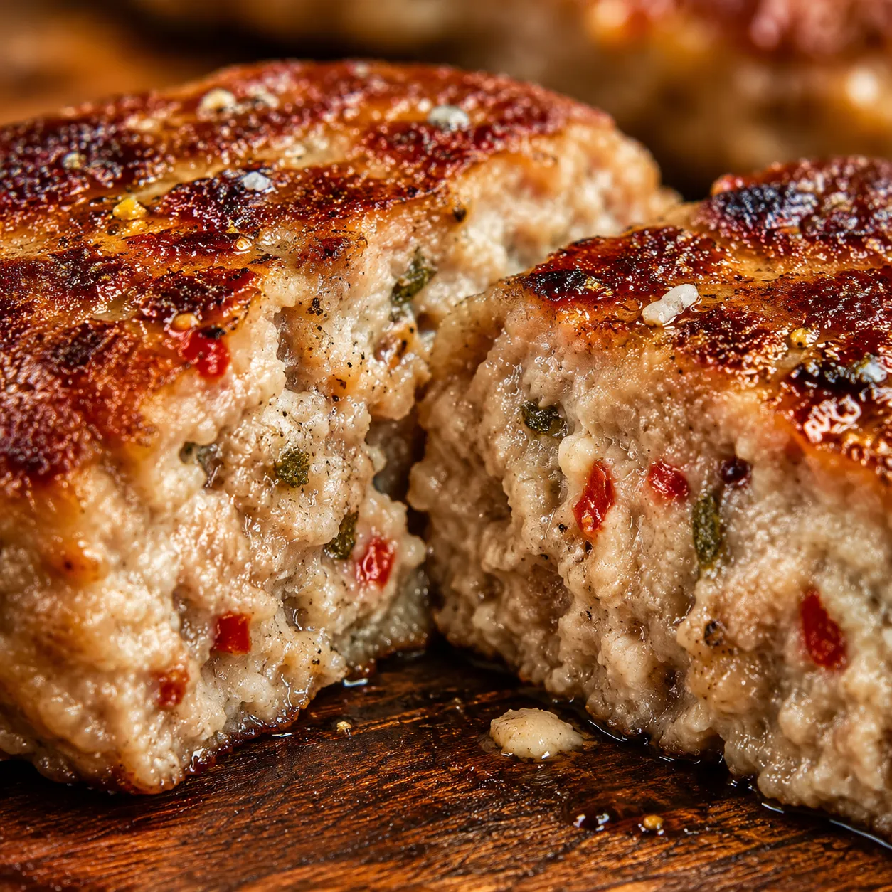 Macro close-up of juicy turkey sausage patty interior with sage flecks