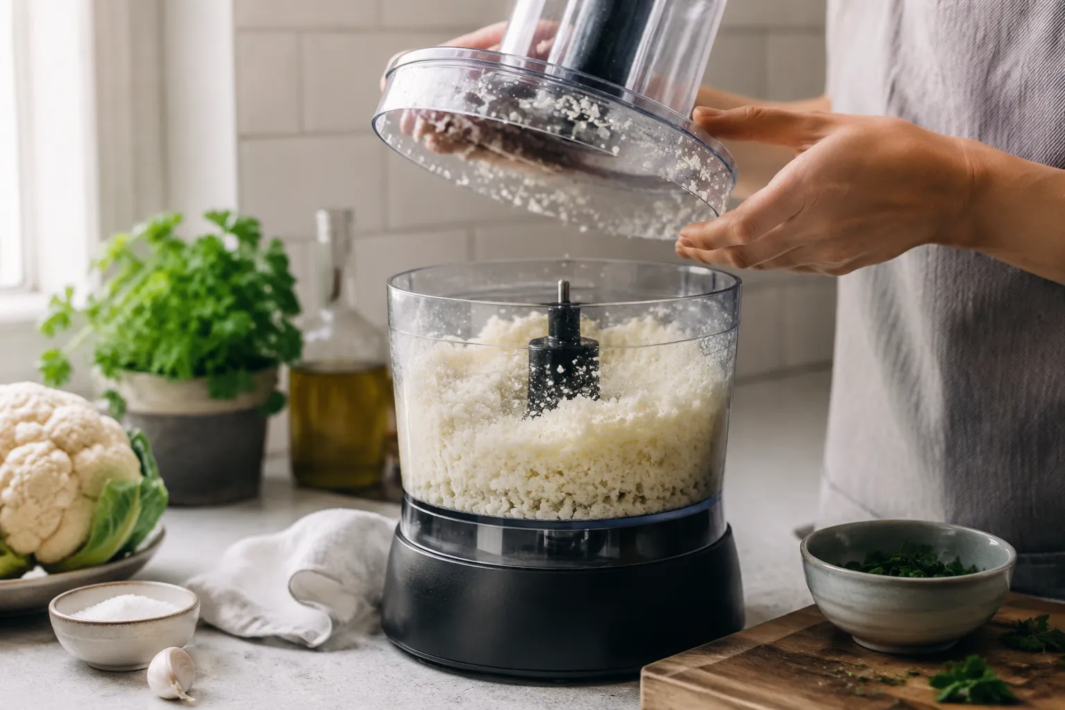 Ricing cauliflower in a food processor for pizza crust