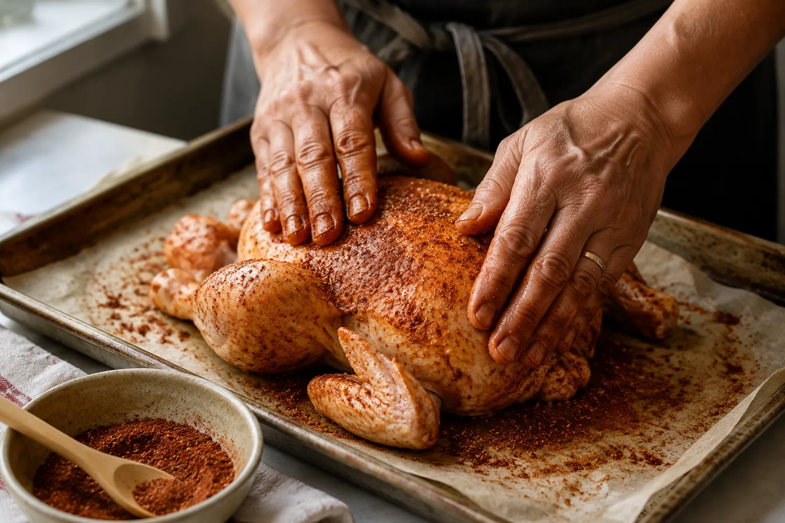 Seasoning a whole chicken with smoked paprika rub before smoking