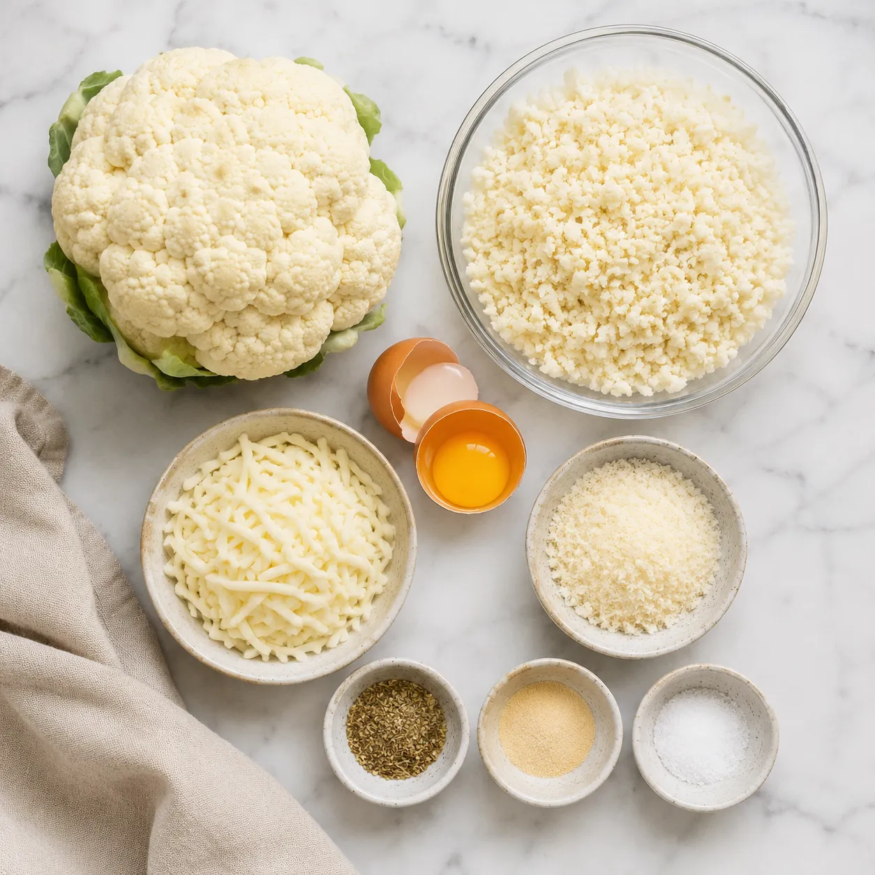 Cauliflower pizza crust recipe ingredients laid out overhead