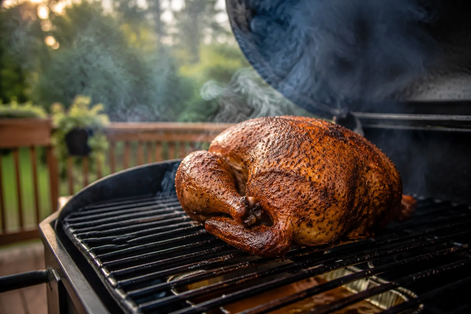 Whole chicken smoking at 225°F on a pellet smoker with blue smoke