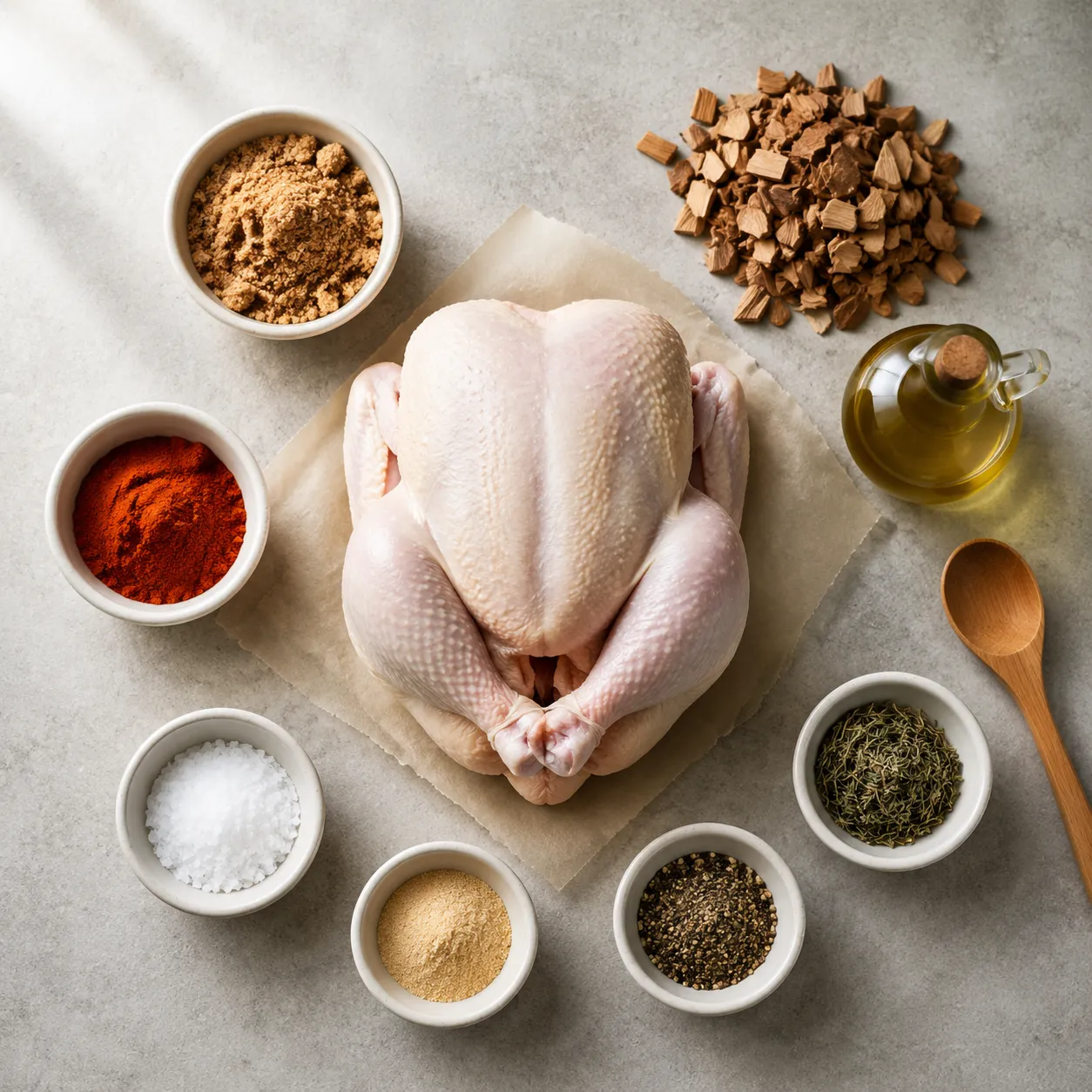 Ingredients flatlay for smoked whole chicken with rub spices and apple wood chips