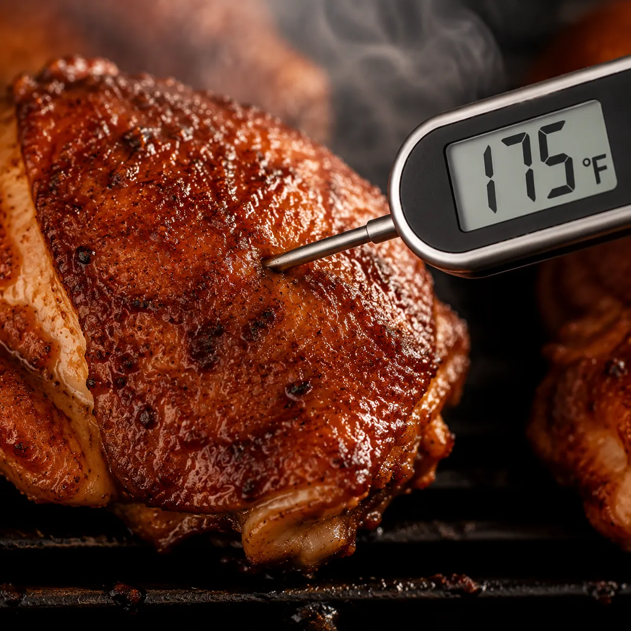 Checking smoked whole chicken internal temperature with an instant-read thermometer