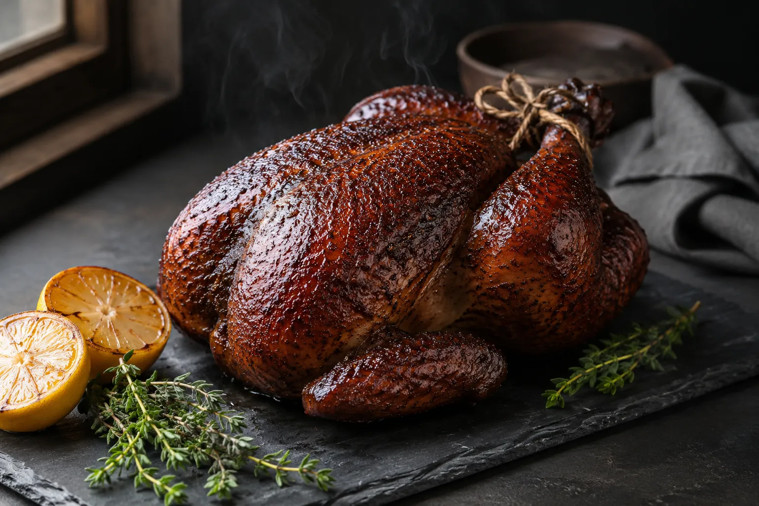 Finished smoked whole chicken with crispy skin resting on a slate board