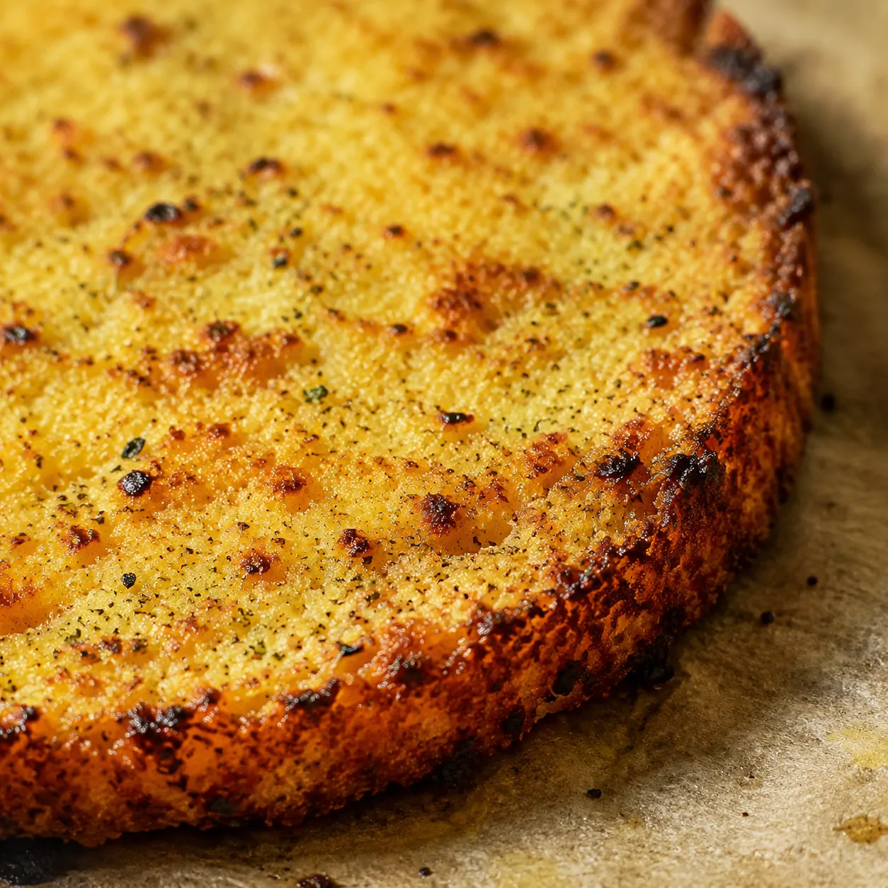 Crispy pre-baked cauliflower pizza crust close-up
