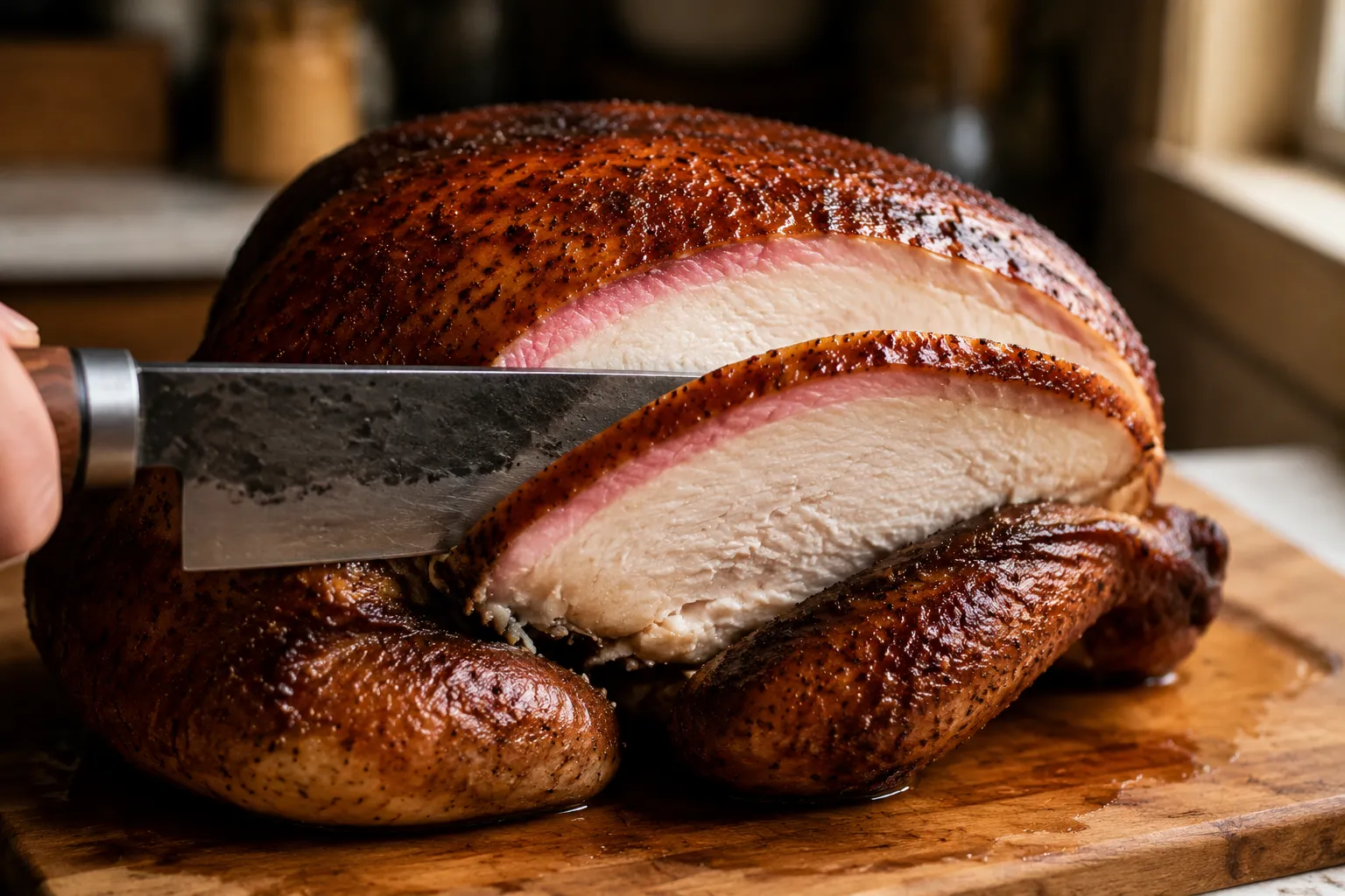 Carving smoked whole chicken showing pink smoke ring and juicy meat