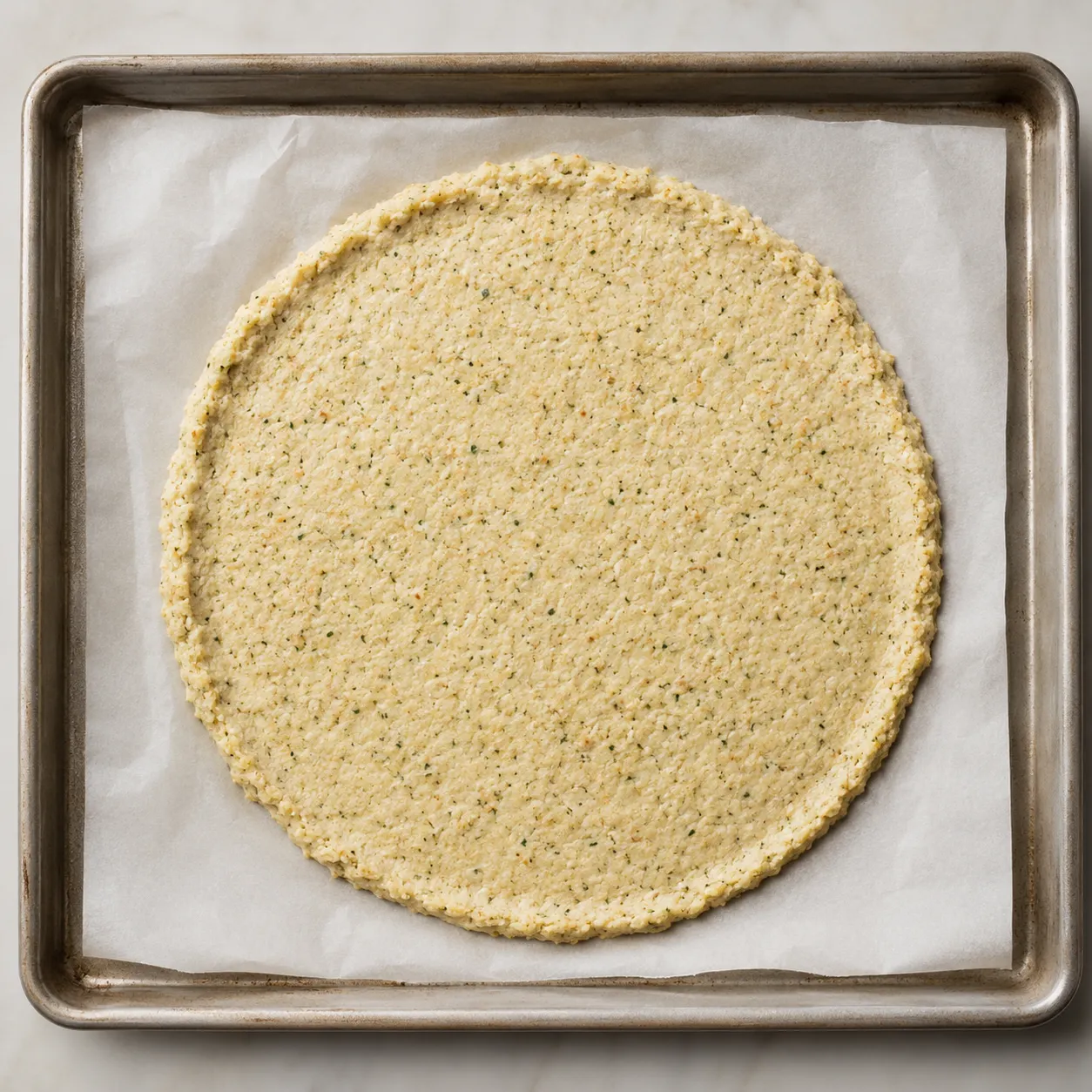 Shaped cauliflower pizza dough on parchment before baking