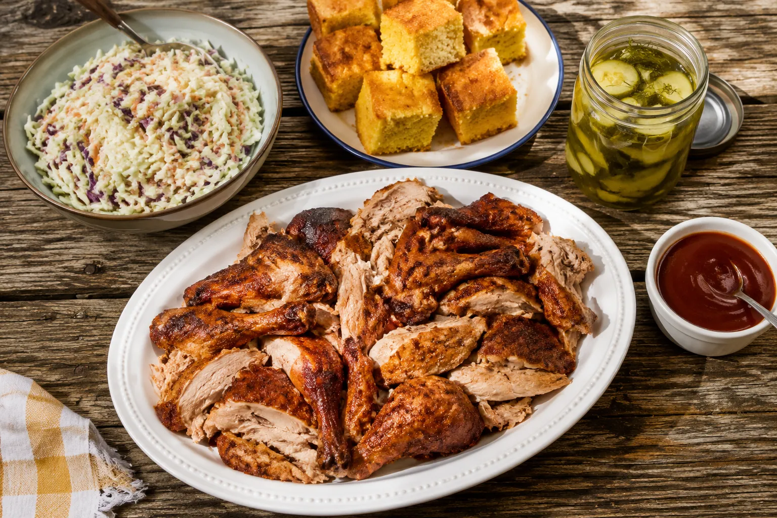 Smoked whole chicken served with coleslaw and cornbread for a BBQ dinner