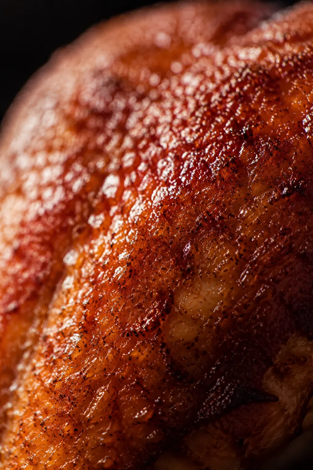 Close-up of crispy smoked chicken skin texture and color