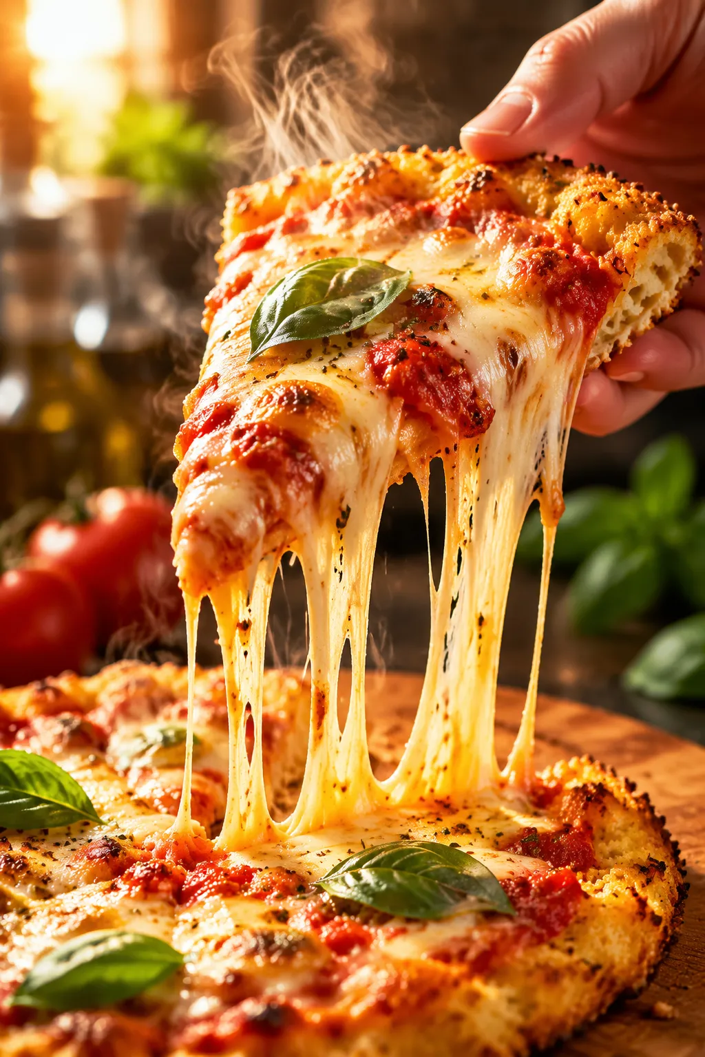 Slice of cauliflower crust pizza with cheese pull