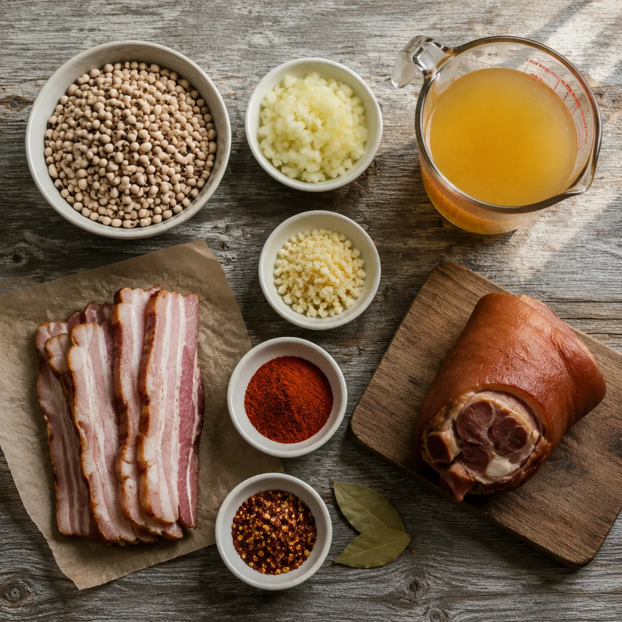 Ingredients for Southern black eyed peas recipe laid out in bowls overhead