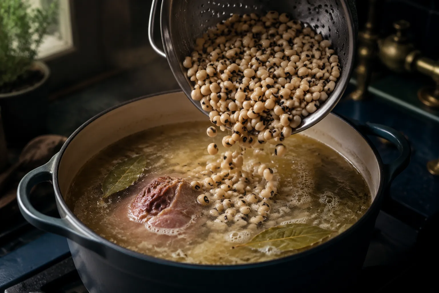 Adding soaked dried black eyed peas to a Dutch oven with broth and ham hock