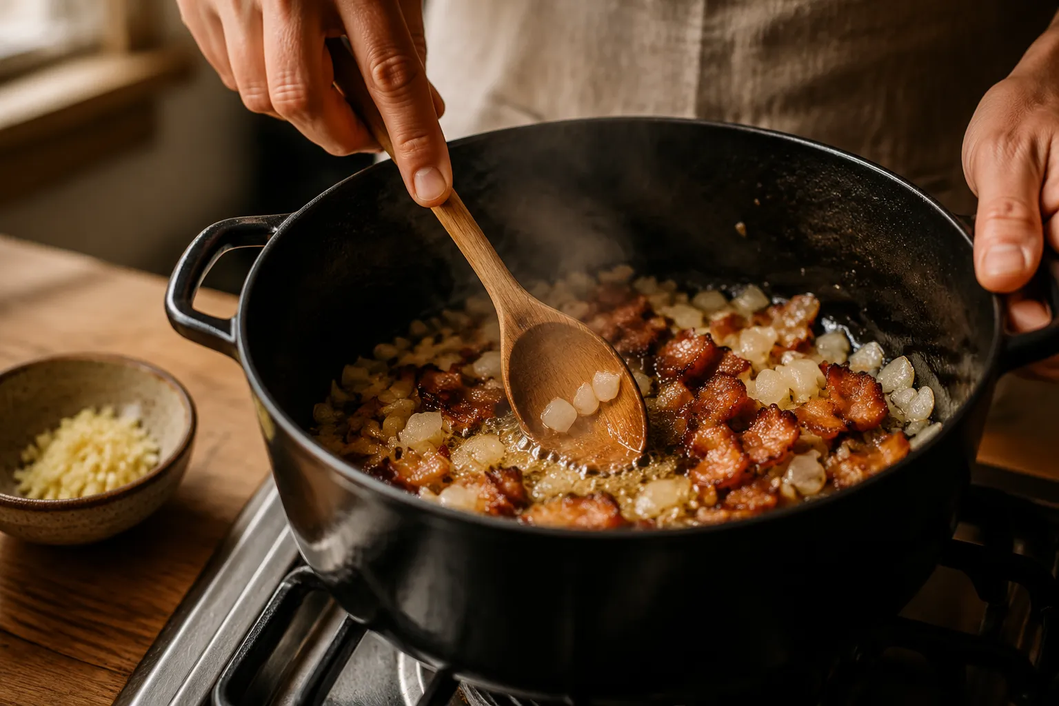 Sautéing bacon and onion as the base for a Southern black eyed peas recipe