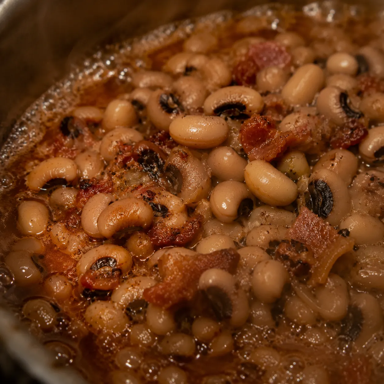 Close-up of black eyed peas simmering in rich Southern-style pot liquor