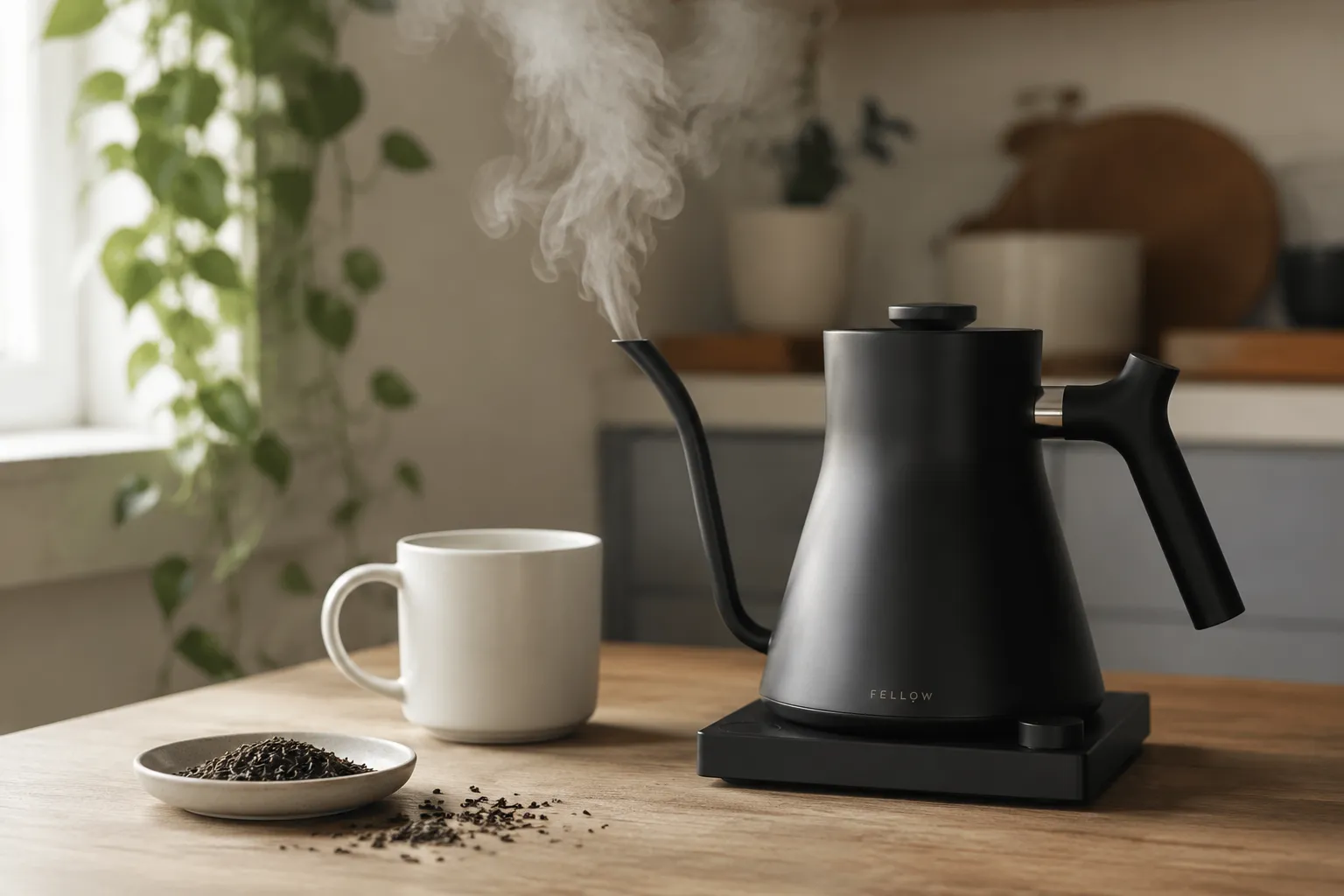 Electric kettle steaming on kitchen counter ready for kettle recipes