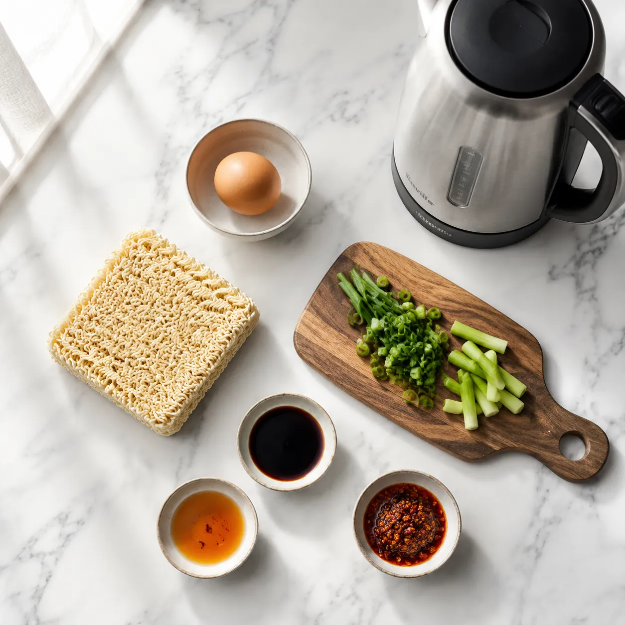 Kettle ramen recipe ingredients flatlay with noodles egg and scallions