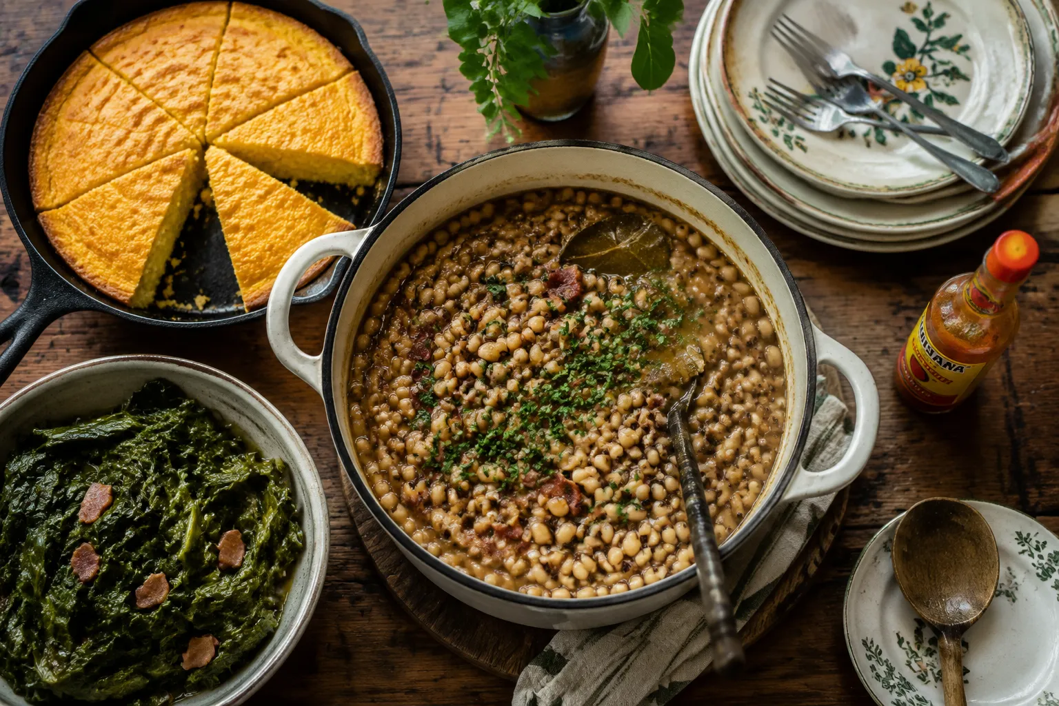 Southern black eyed peas recipe served with cornbread and collard greens