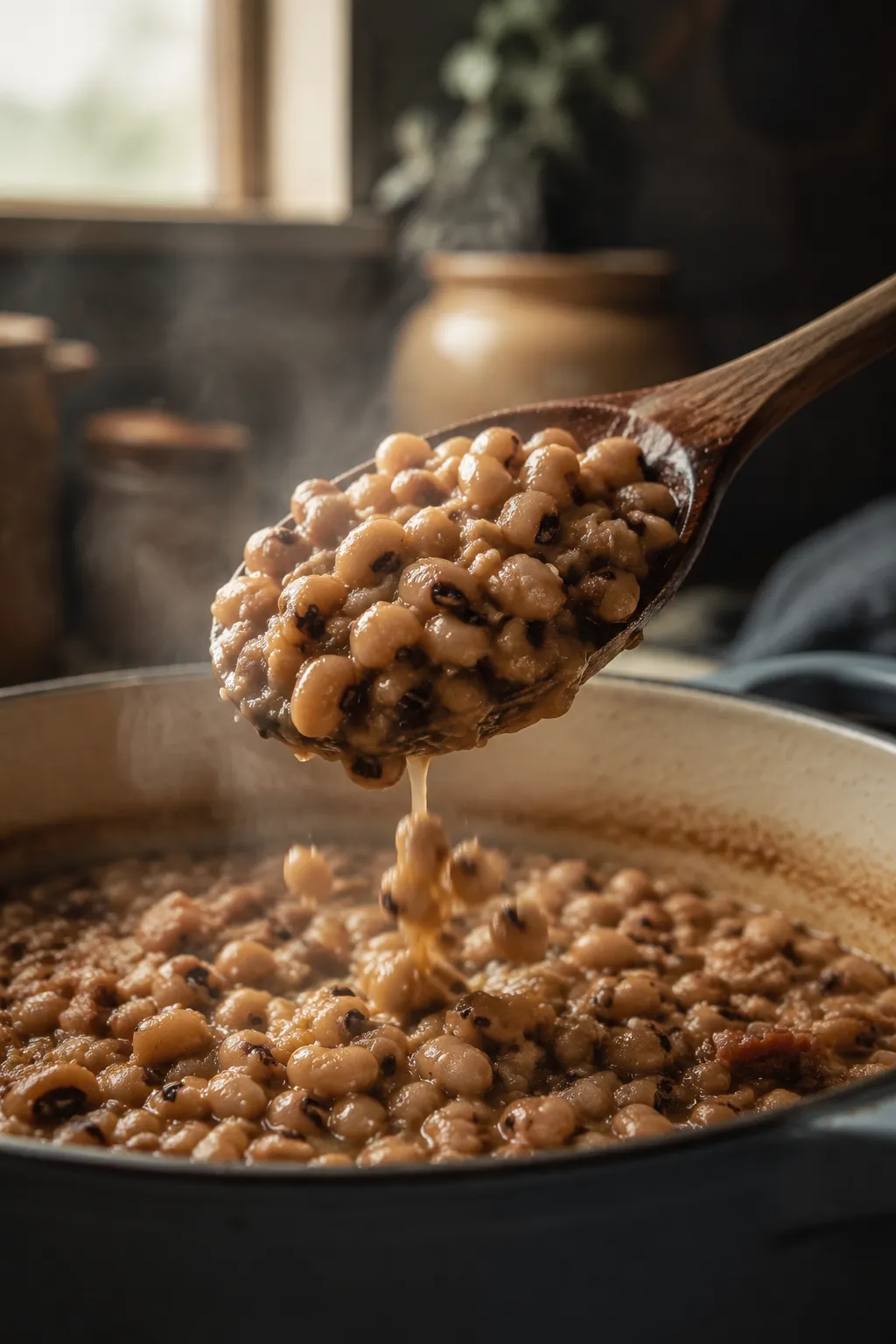 Wooden spoon scooping creamy Southern black eyed peas from the pot