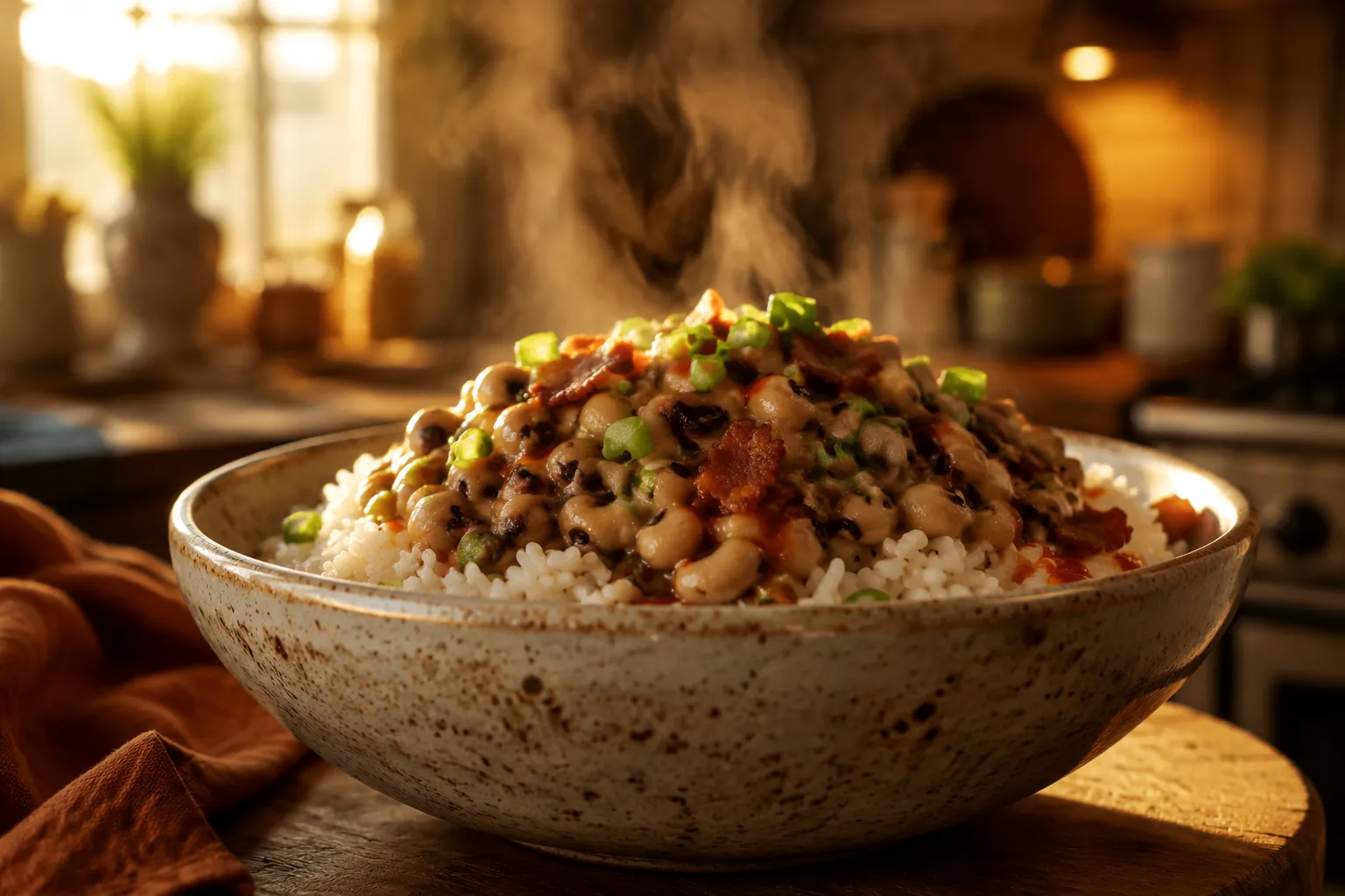 Bowl of black eyed peas served over rice for a classic Hoppin' John style meal