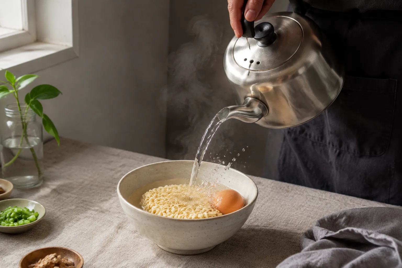 Pouring kettle boiled water over ramen and egg in heatproof bowl