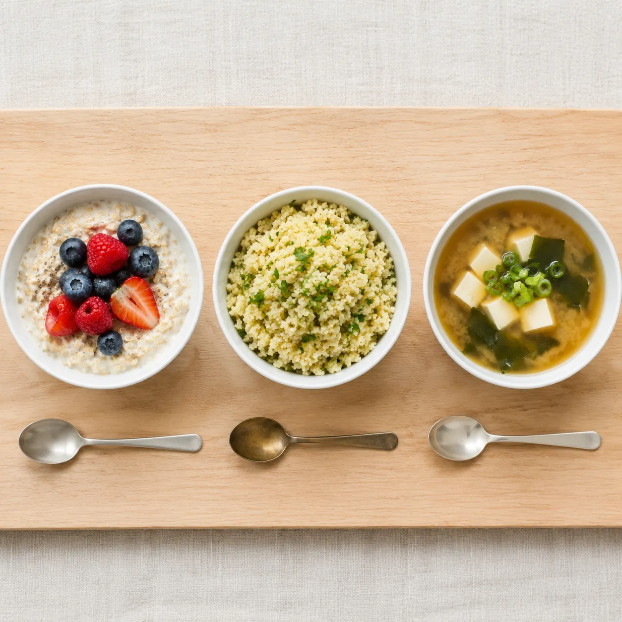 Three quick kettle recipes oatmeal couscous and miso soup overhead