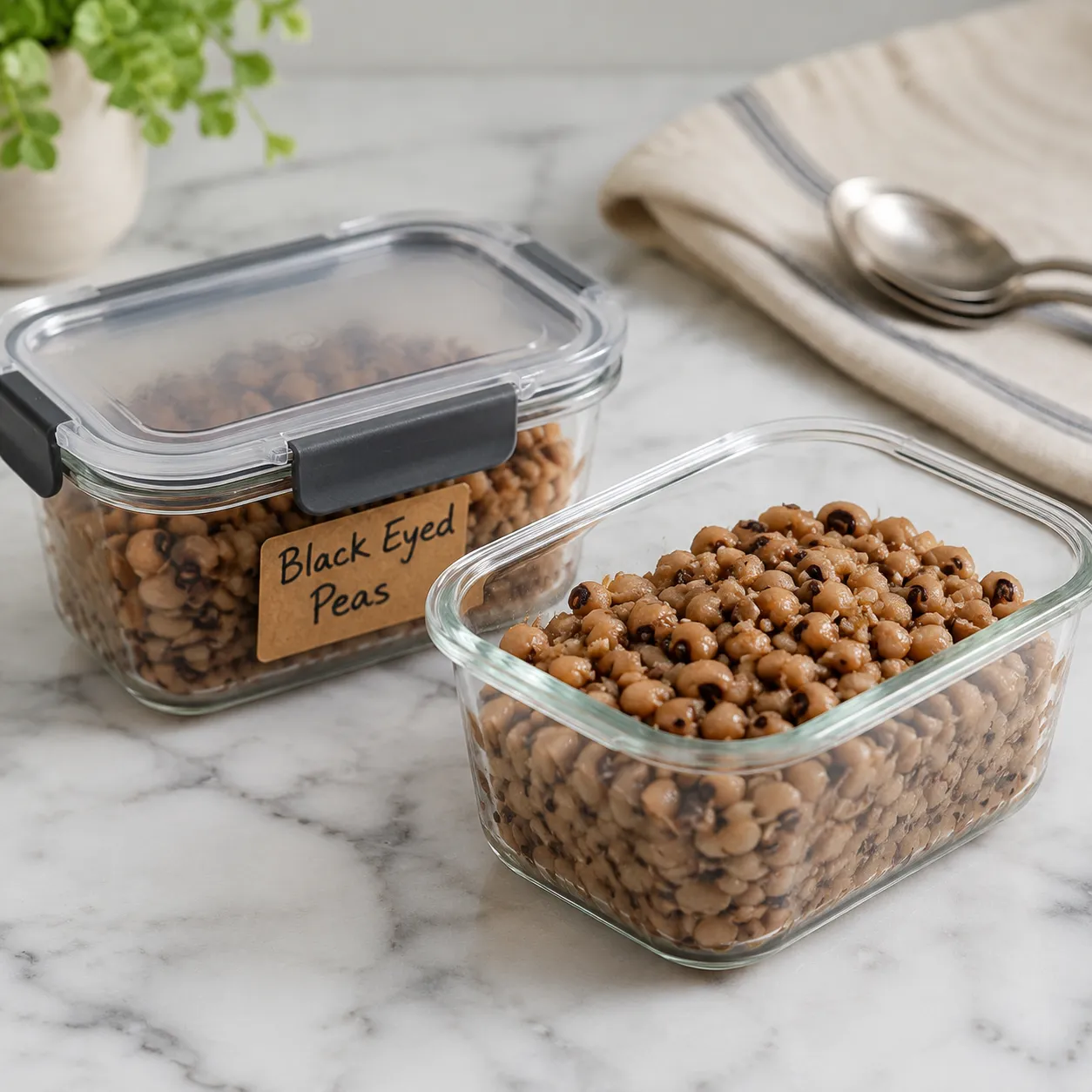 Black eyed peas stored in glass containers for fridge and freezer meal prep