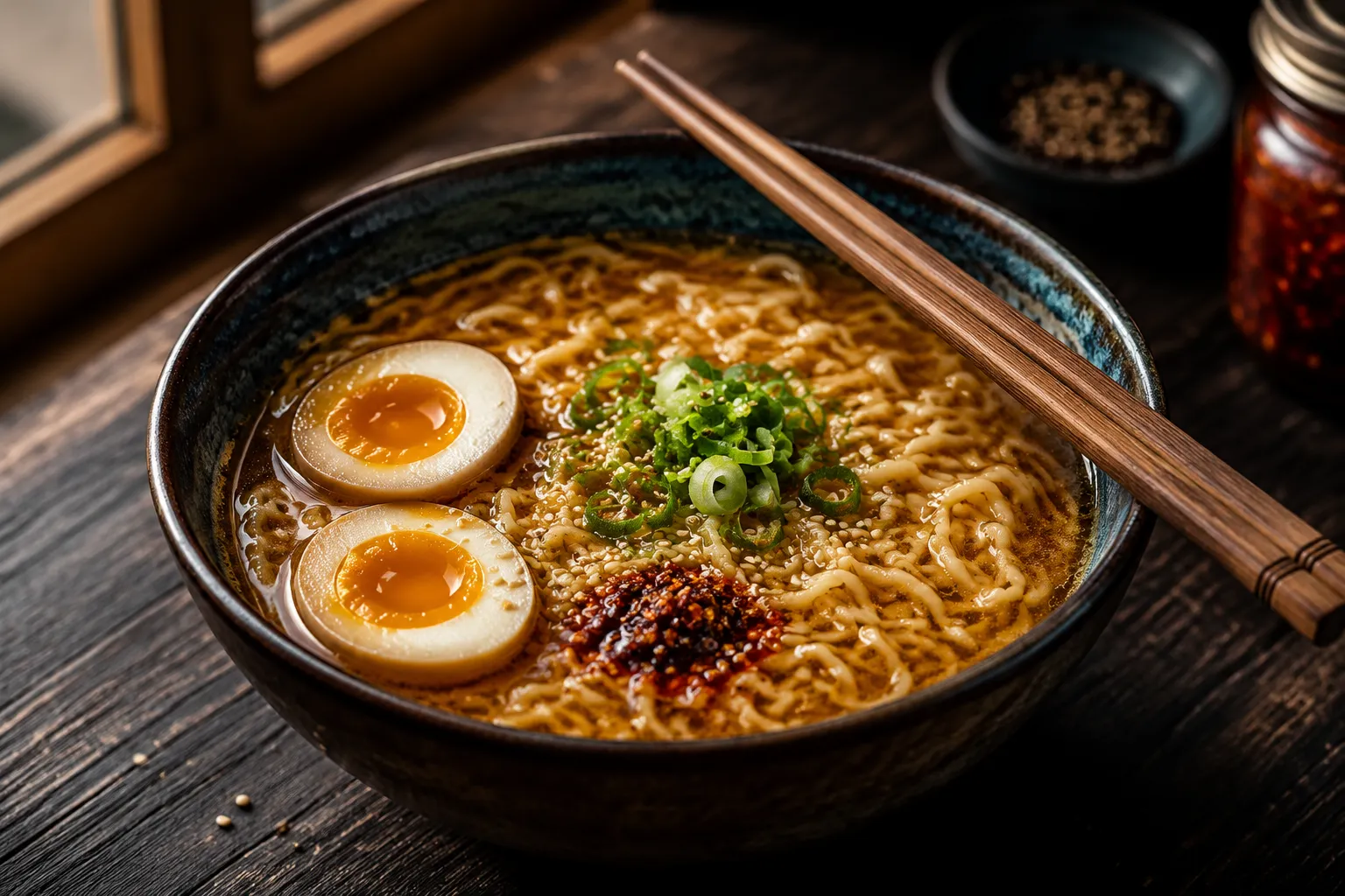 Finished kettle ramen recipe bowl with egg scallions and chili crisp