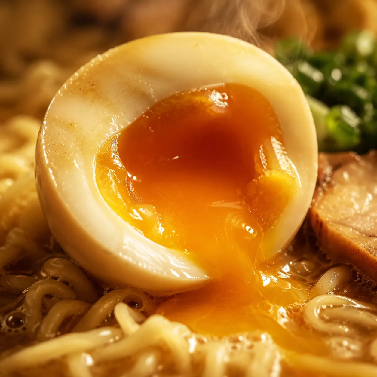 Macro close-up of soft boiled egg yolk in kettle ramen recipe