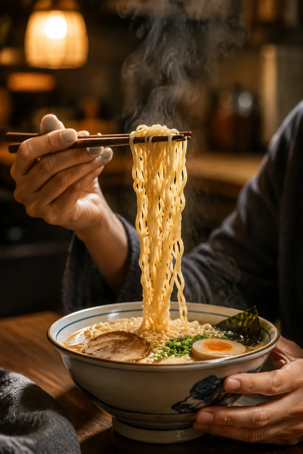 Lifting noodles with chopsticks from kettle ramen recipe bowl