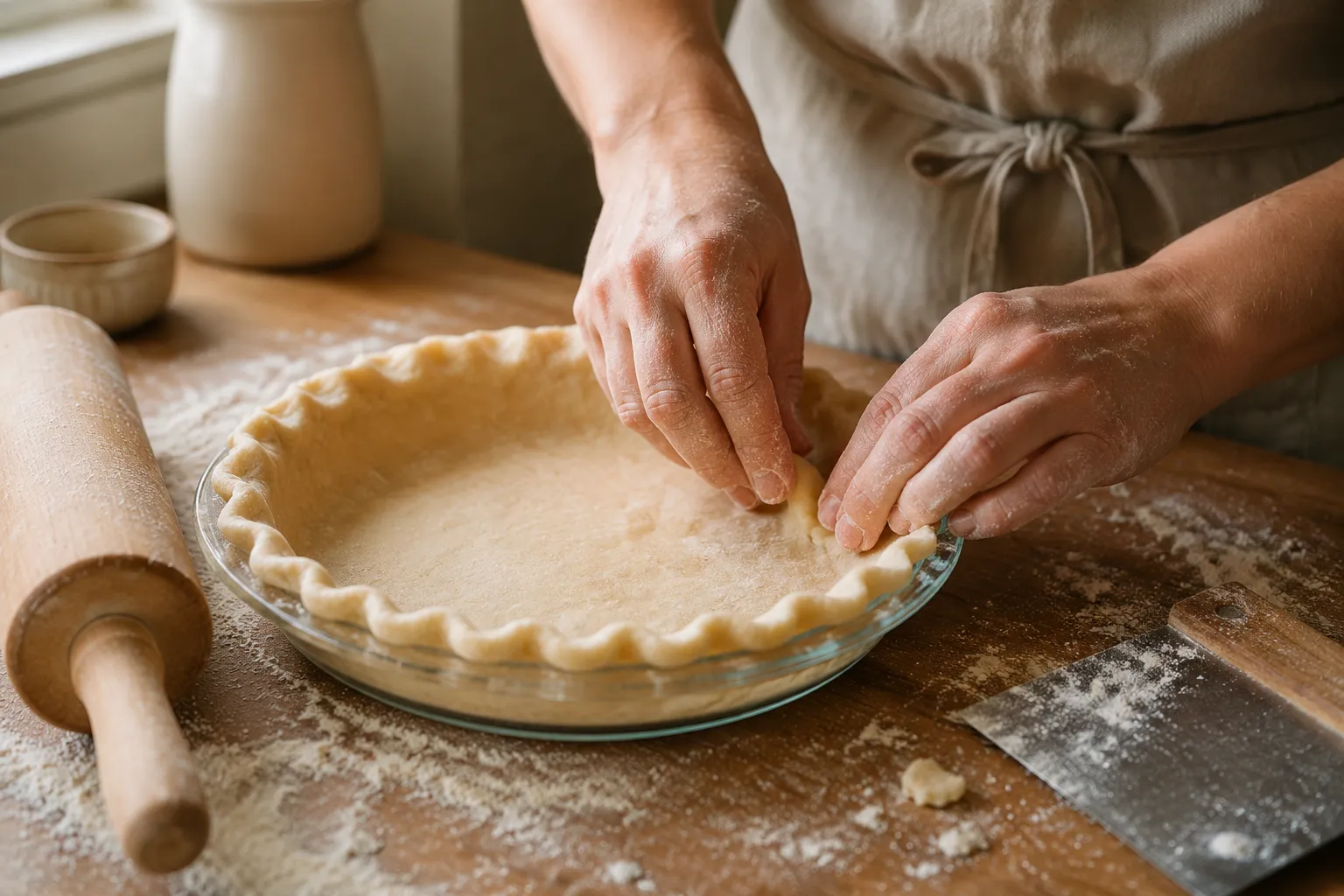 Pressing a flaky pie crust into a pie dish for Dutch apple pie