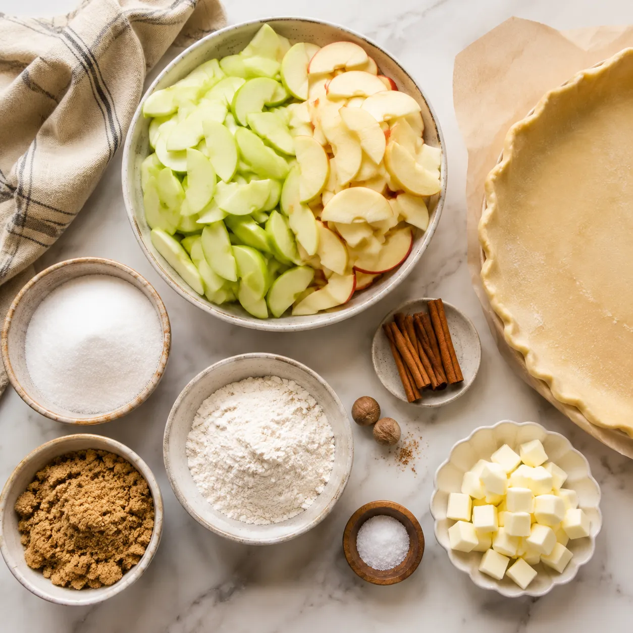 Ingredients for Dutch apple pie recipe arranged overhead on marble