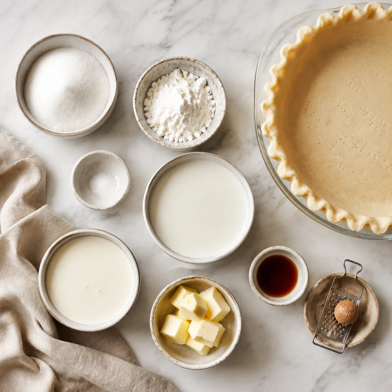 Cream pie ingredients flatlay with milk, cream, sugar, butter and vanilla