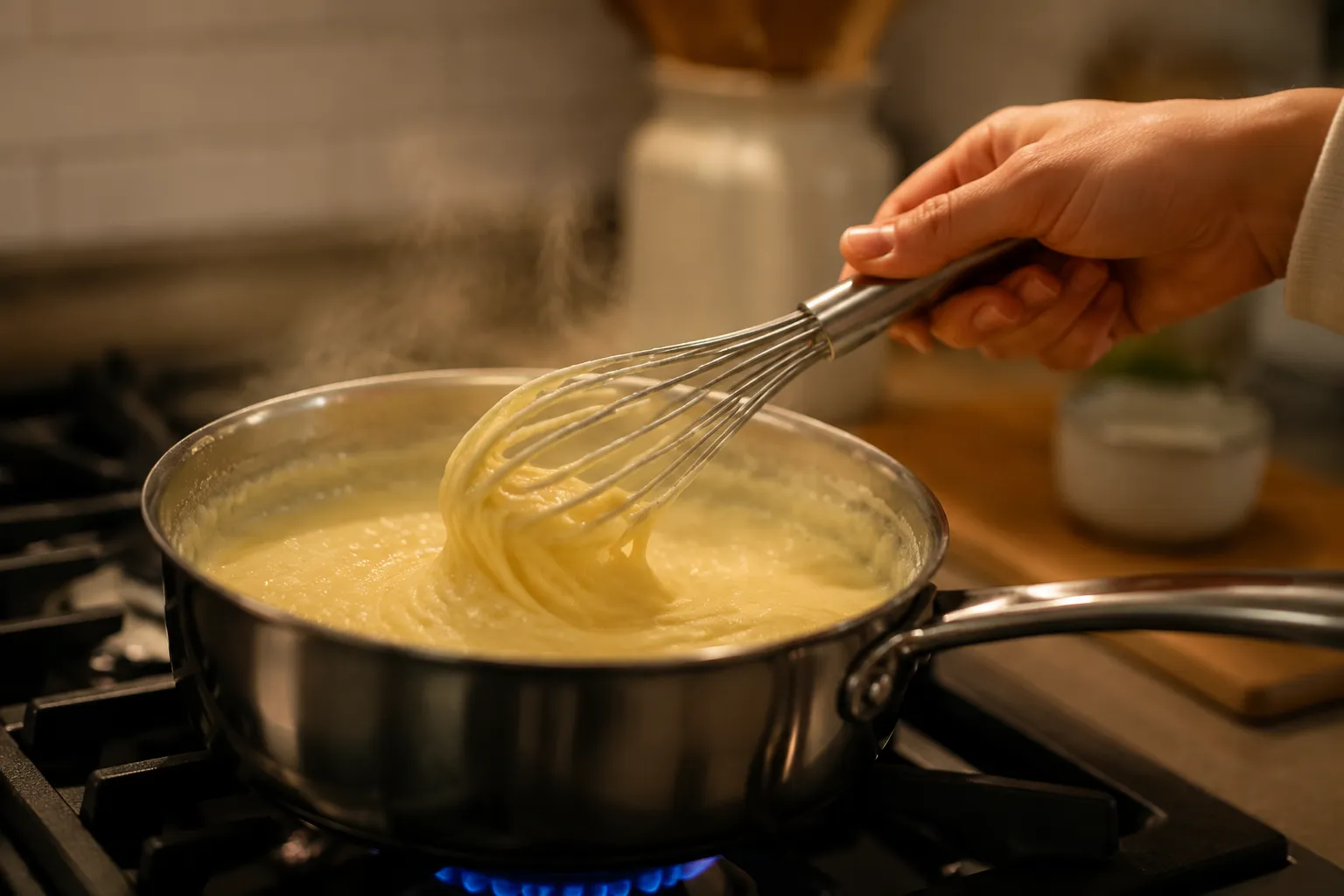 Whisking silky cream pie filling in saucepan on stovetop