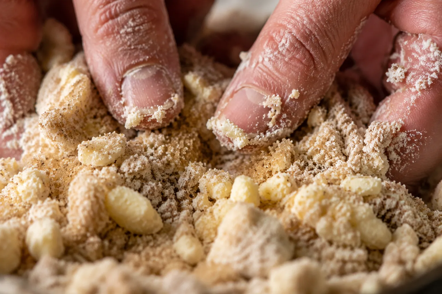 Making buttery streusel topping for Dutch apple pie