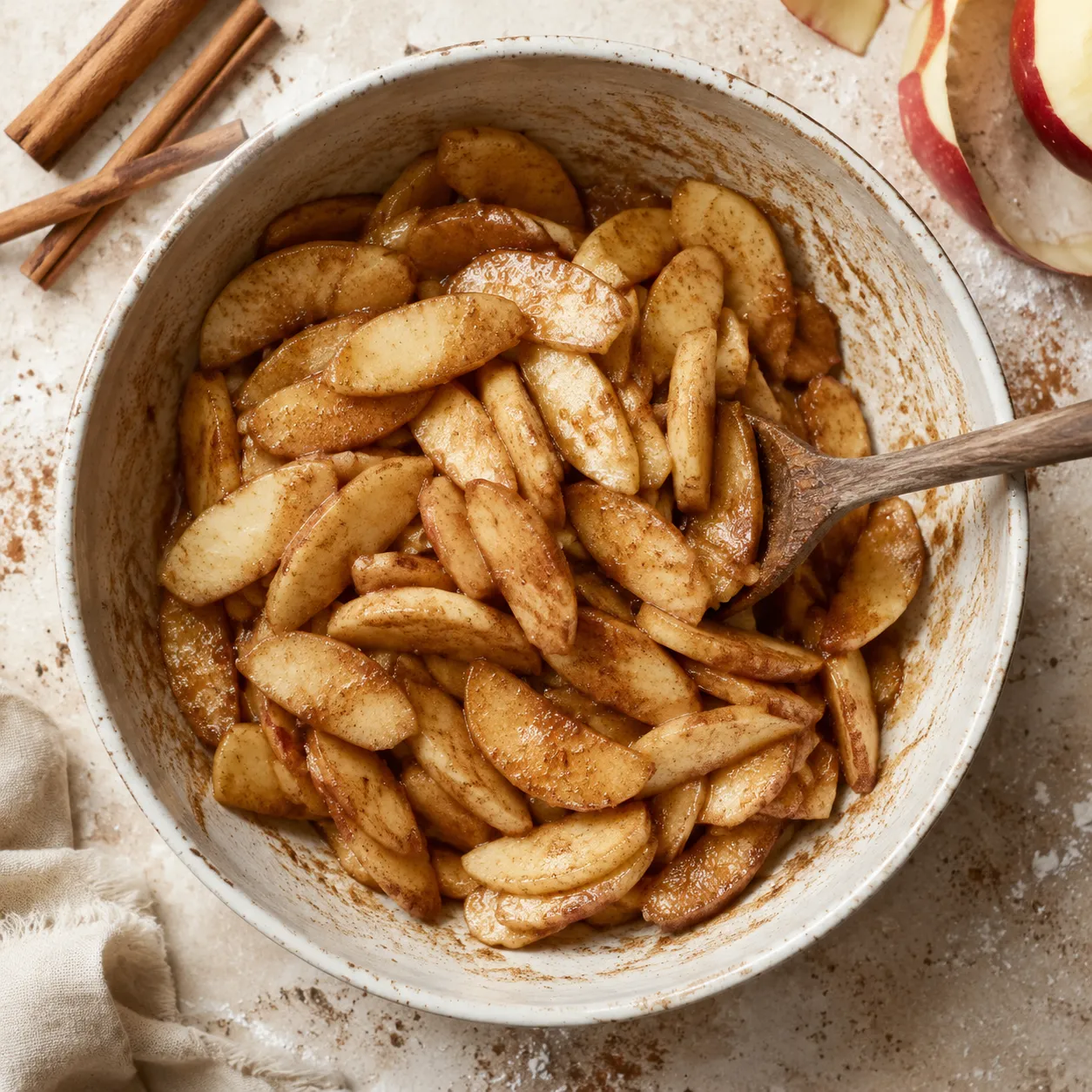 Tossing sliced apples with cinnamon and sugar for Dutch apple pie filling