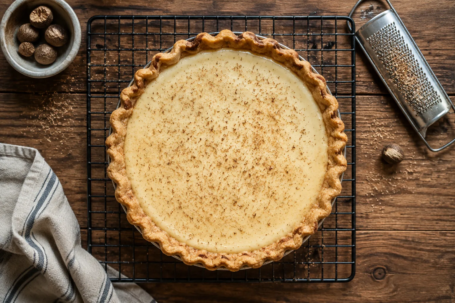 Whole baked cream pie dusted with nutmeg cooling on a rack