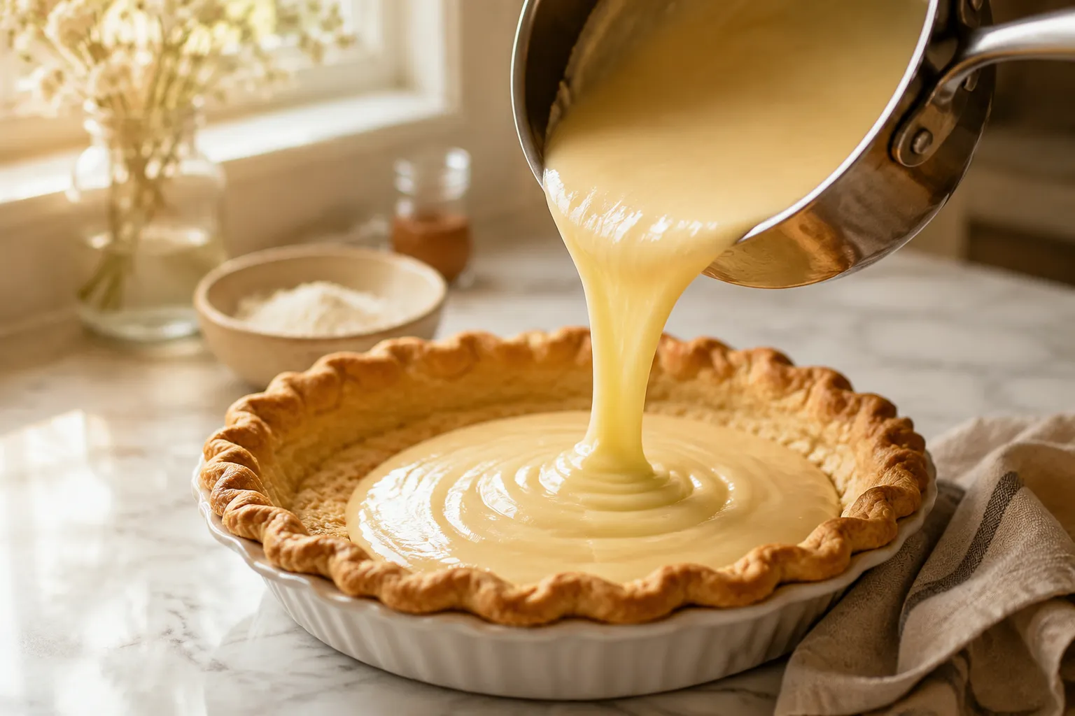Pouring vanilla cream pie filling into flaky baked crust
