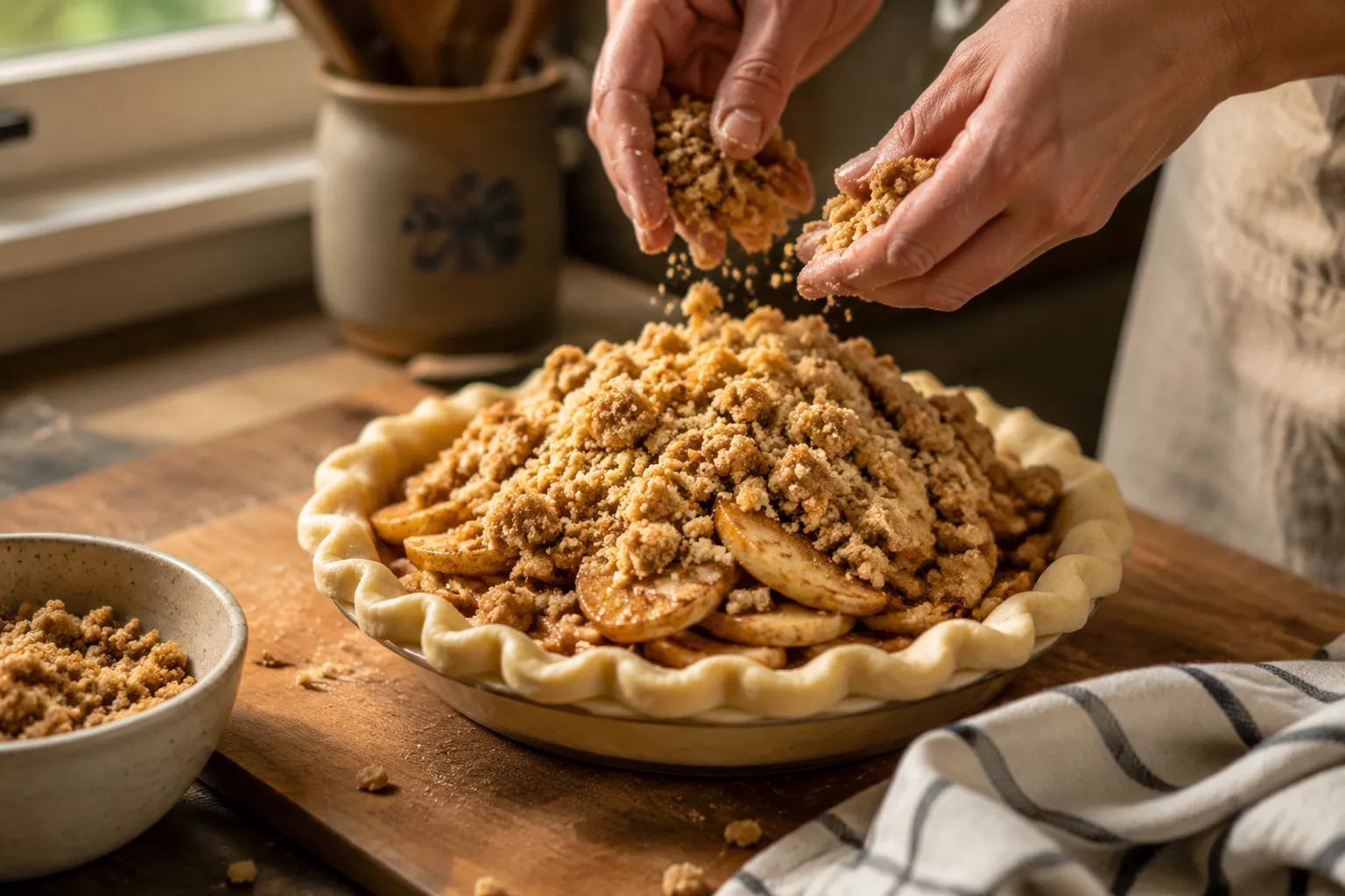 Topping unbaked Dutch apple pie with brown sugar streusel