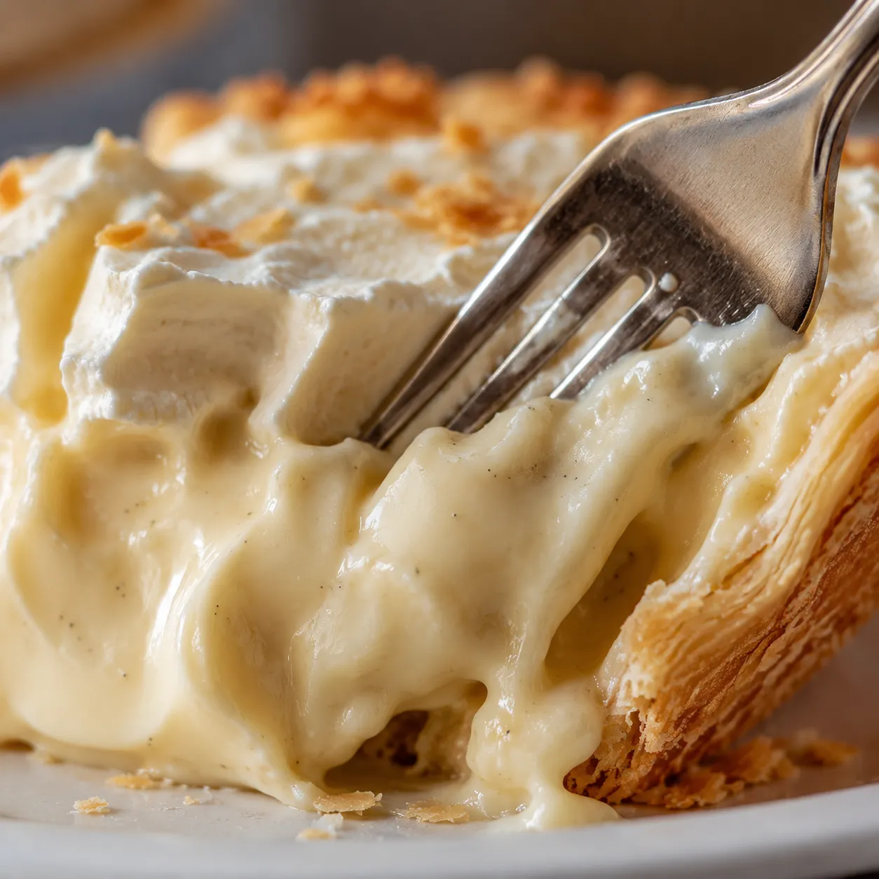 Macro close-up of fork through silky cream pie filling