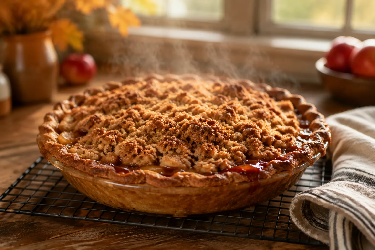 Freshly baked Dutch apple pie with golden streusel cooling on a wire rack