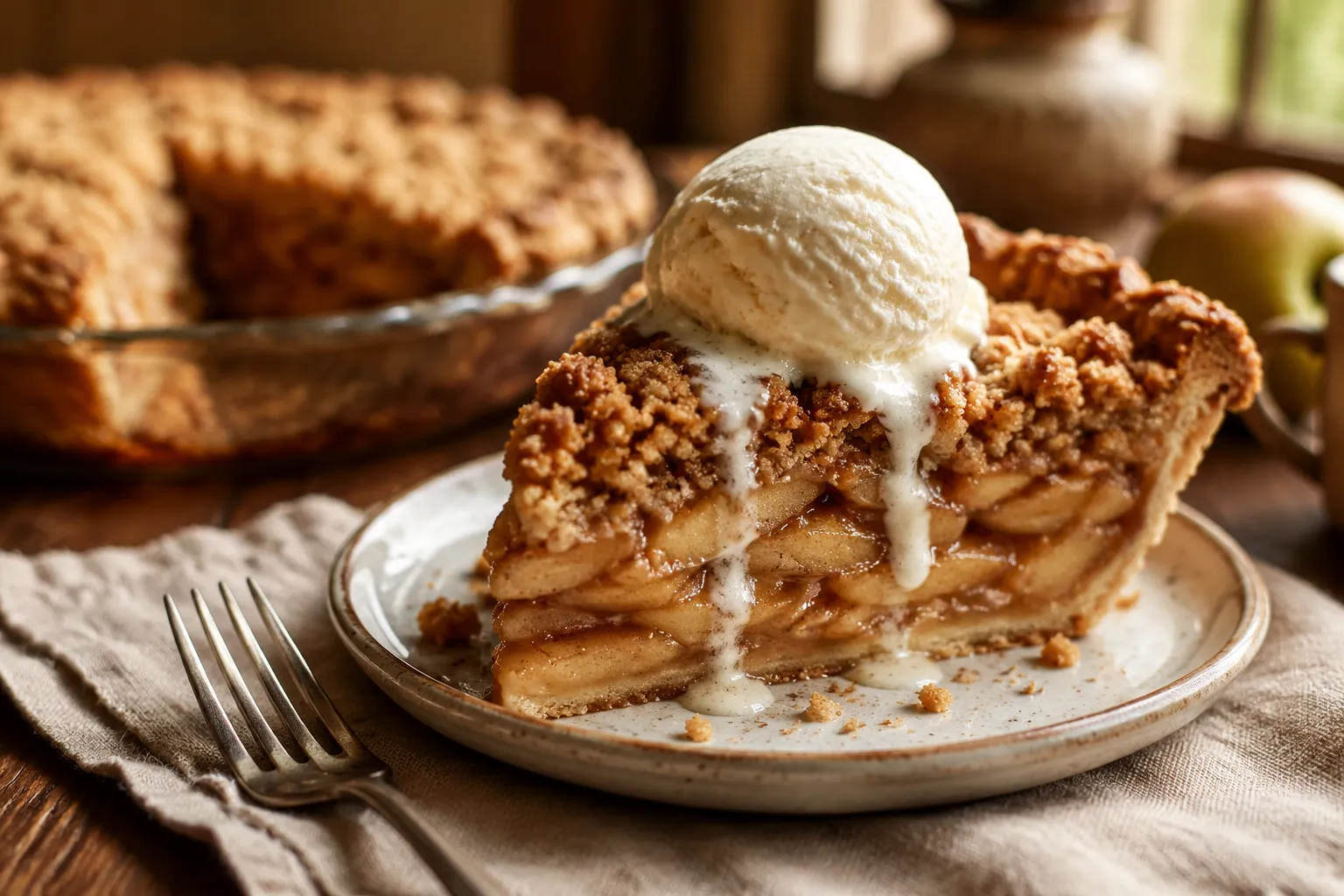 Slice of Dutch apple pie served with vanilla ice cream
