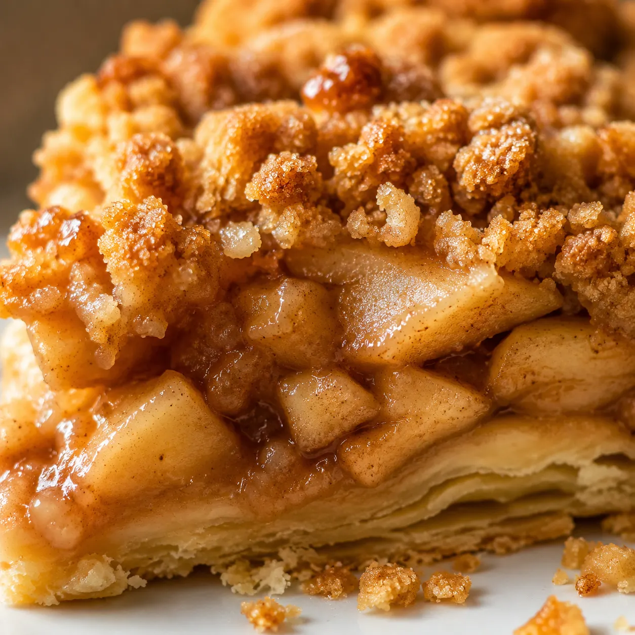 Close-up texture of Dutch apple pie streusel topping and cinnamon apple filling