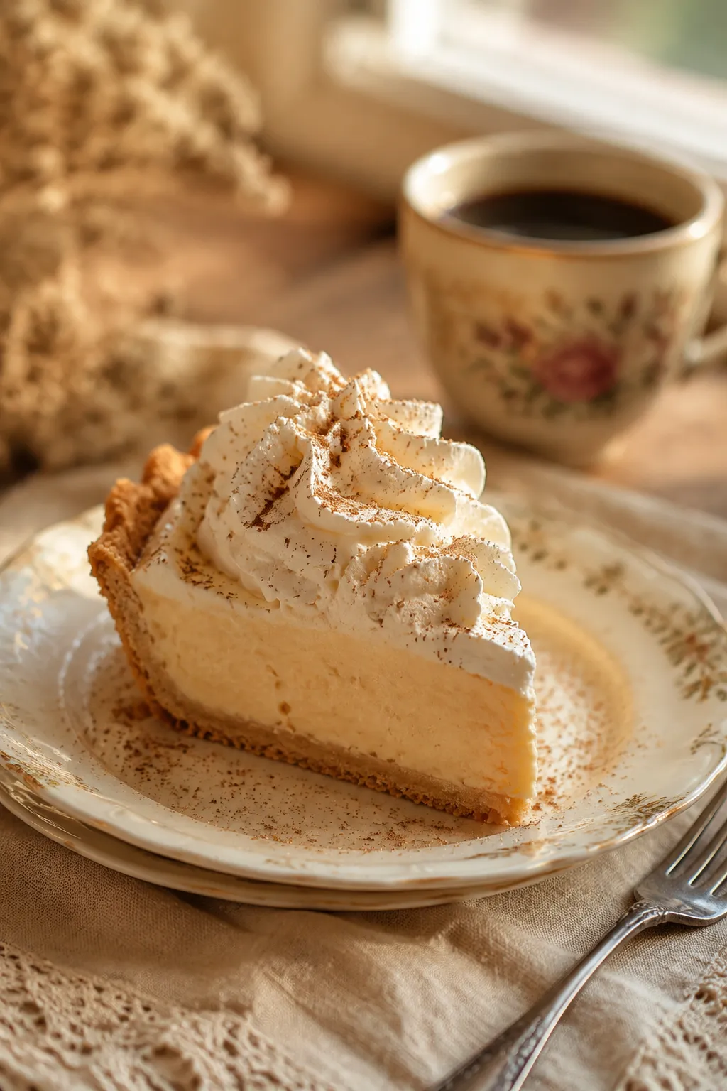 Slice of cream pie served with whipped cream and nutmeg