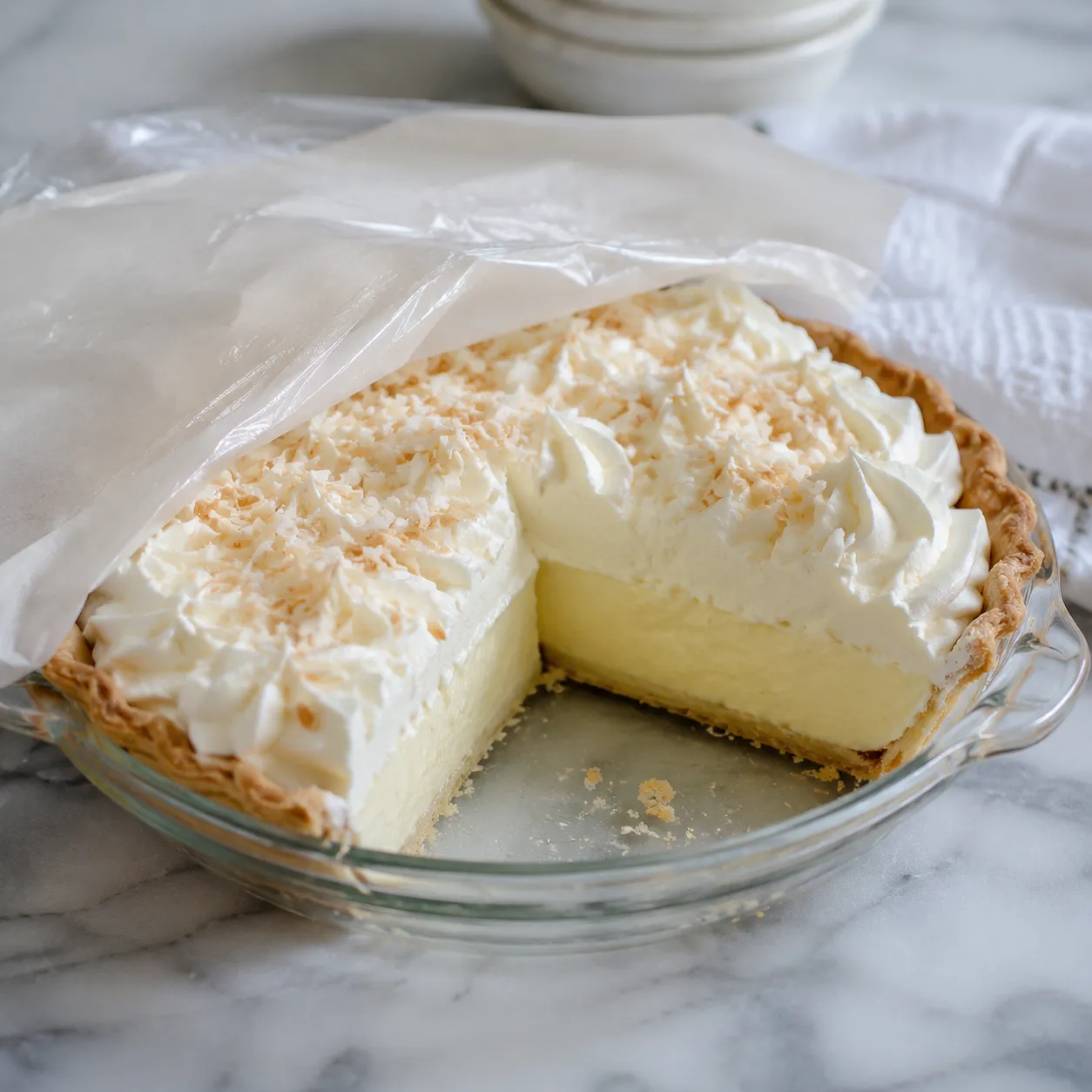 Cream pie covered for refrigerator storage with slices removed