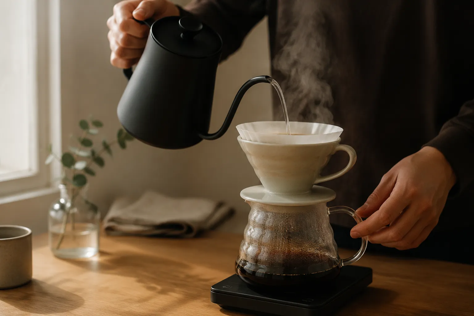Rinsing the paper filter for pour over coffee with a gooseneck kettle