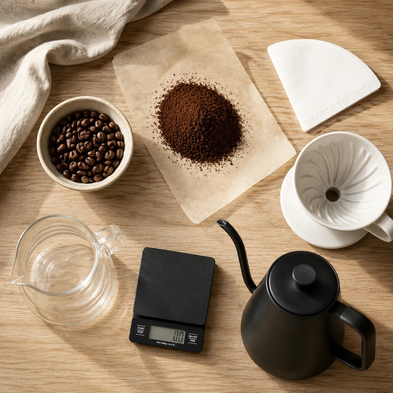 Pour over coffee ingredients and equipment flatlay including beans, dripper, and kettle