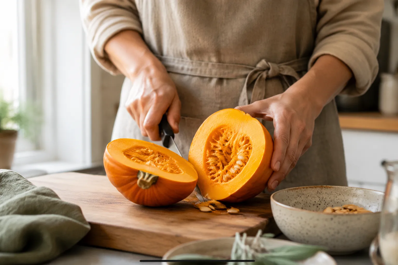 Hands cutting a sugar pumpkin in half to prep for pumpkin recipes